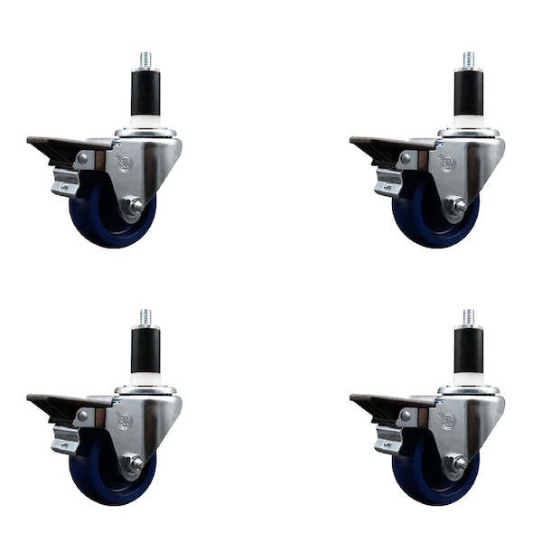 3'' Solid Poly Swivel 1-3/8'' Expanding Stem Caster Set with Brake, 4PK